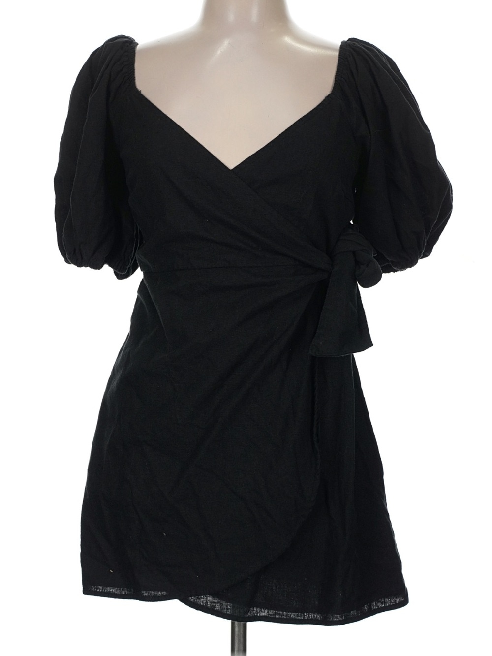 Abercrombie & Fitch Black Puff-Sleeve Wrap Mini Dress with Side Tie